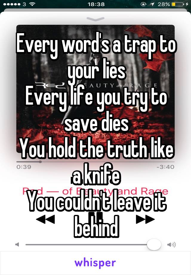 Every word's a trap to your lies
Every life you try to save dies
You hold the truth like a knife
You couldn't leave it behind
