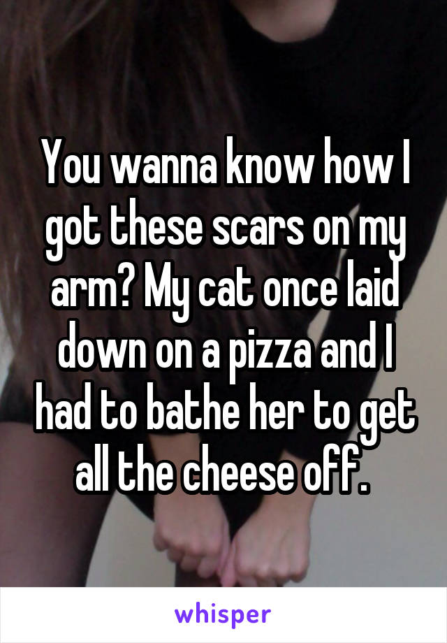 You wanna know how I got these scars on my arm? My cat once laid down on a pizza and I had to bathe her to get all the cheese off. 