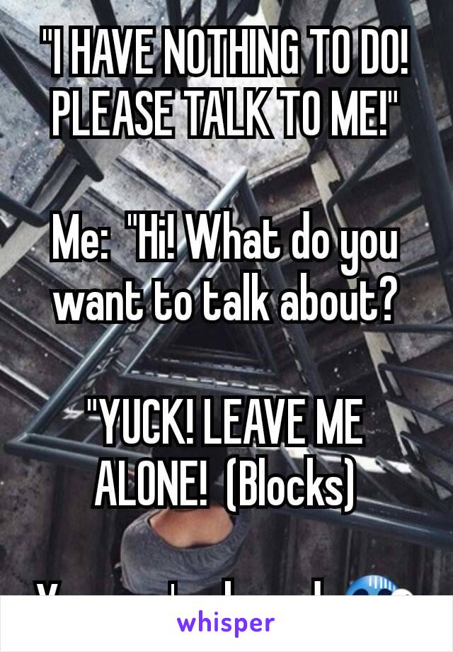 "I HAVE NOTHING TO DO!  PLEASE TALK TO ME!"

Me:  "Hi! What do you want to talk about?

"YUCK! LEAVE ME ALONE!  (Blocks)

Yes, you're bored. 😱