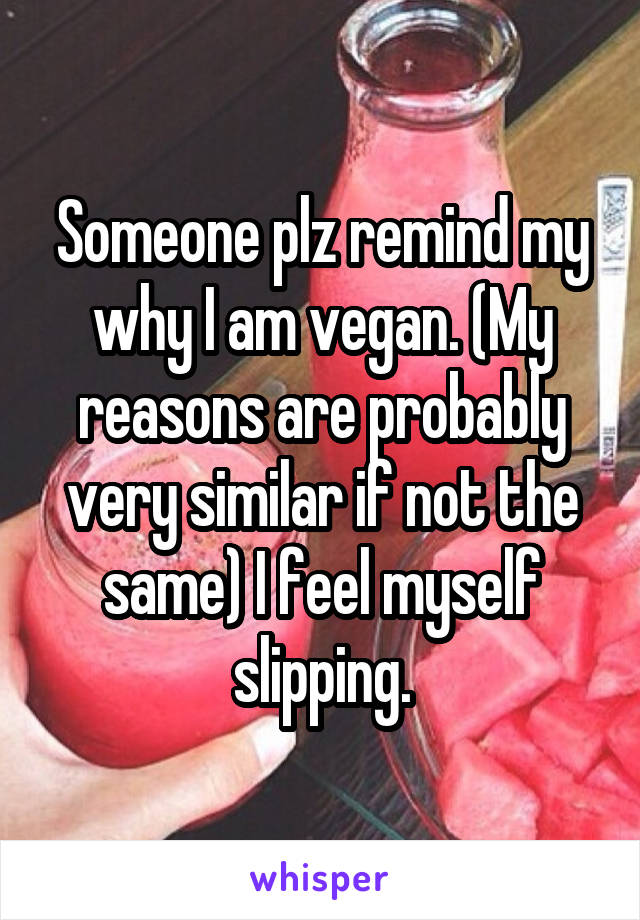 Someone plz remind my why I am vegan. (My reasons are probably very similar if not the same) I feel myself slipping.