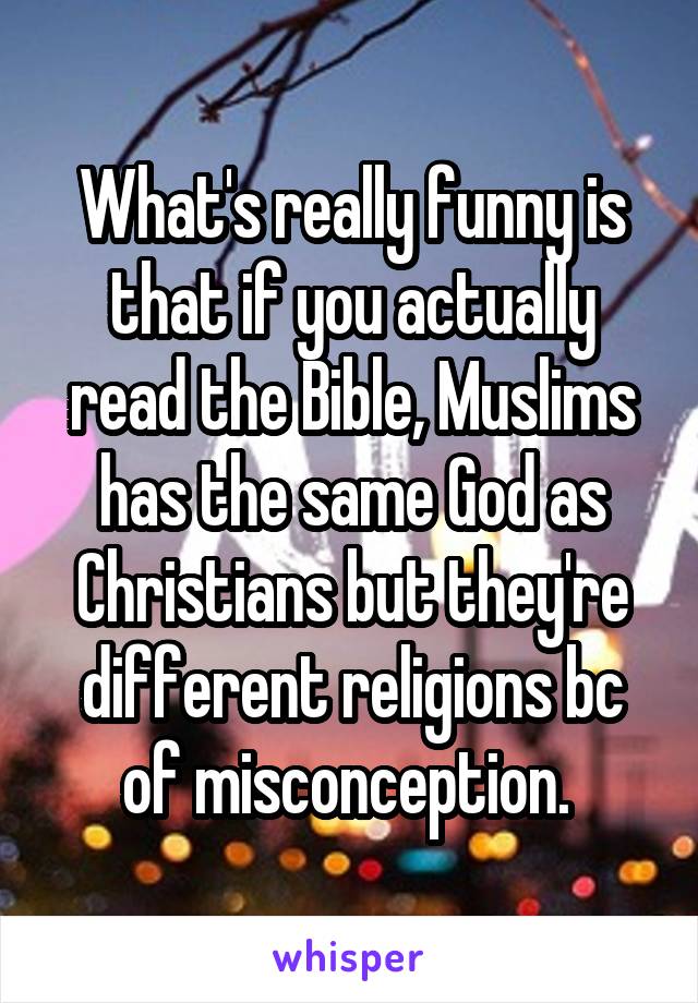 What's really funny is that if you actually read the Bible, Muslims has the same God as Christians but they're different religions bc of misconception. 