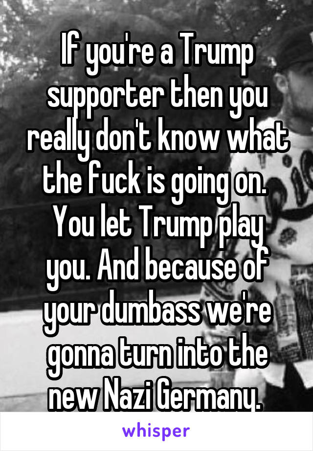 If you're a Trump supporter then you really don't know what the fuck is going on. 
You let Trump play you. And because of your dumbass we're gonna turn into the new Nazi Germany. 