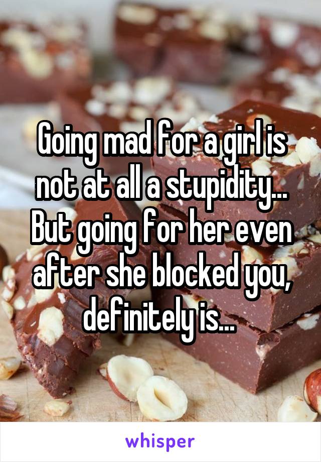 Going mad for a girl is not at all a stupidity... But going for her even after she blocked you, definitely is... 