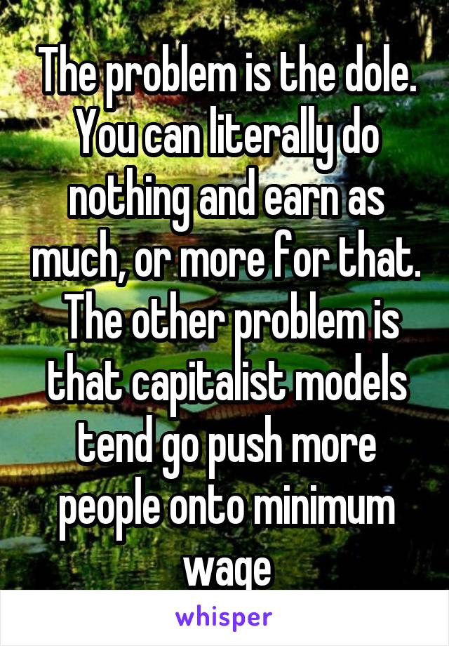 The problem is the dole. You can literally do nothing and earn as much, or more for that.  The other problem is that capitalist models tend go push more people onto minimum wage