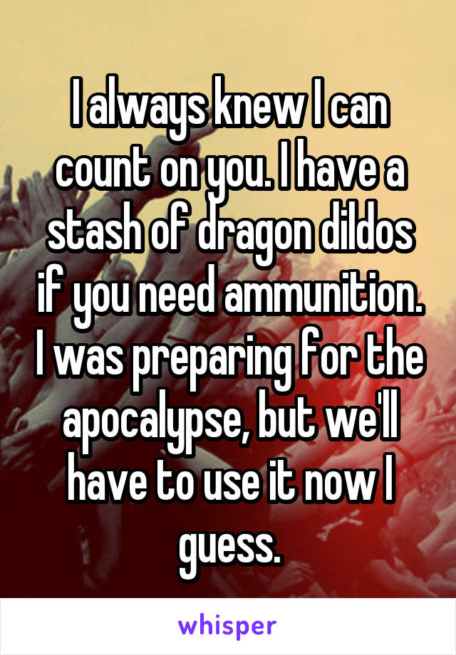 I always knew I can count on you. I have a stash of dragon dildos if you need ammunition. I was preparing for the apocalypse, but we'll have to use it now I guess.