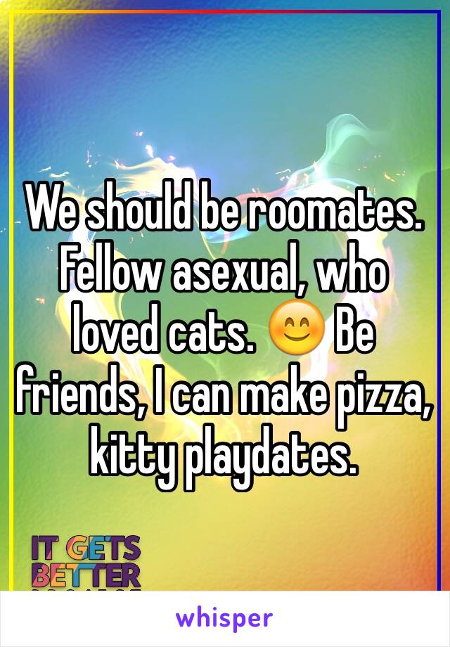 We should be roomates.
Fellow asexual, who loved cats. 😊 Be friends, I can make pizza, kitty playdates.