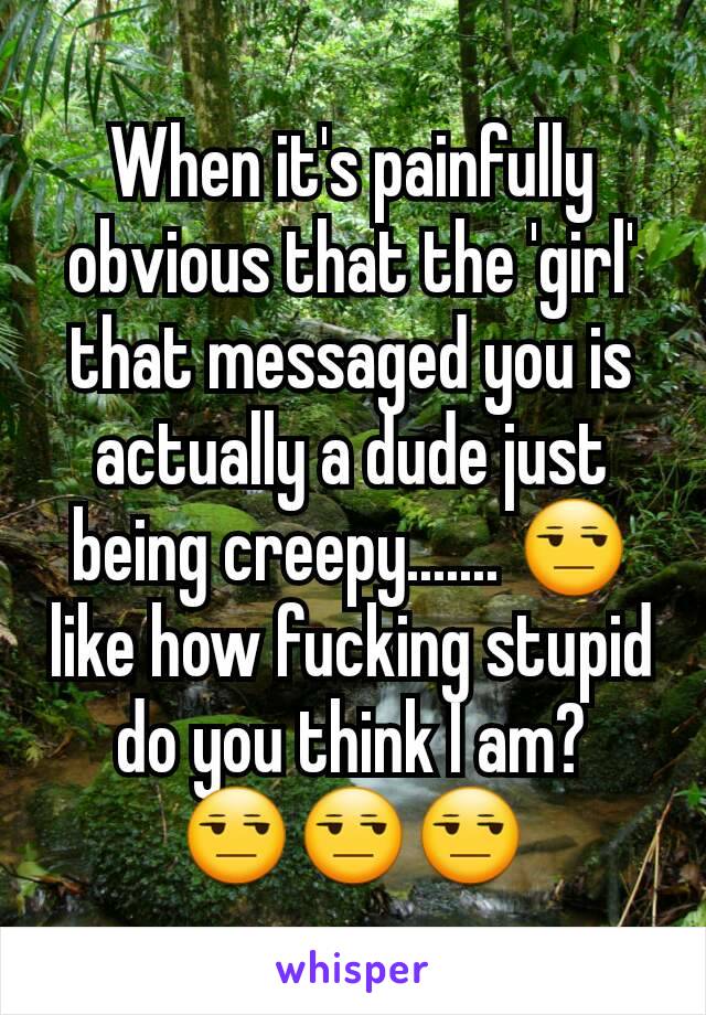When it's painfully obvious that the 'girl' that messaged you is actually a dude just being creepy....... 😒 like how fucking stupid do you think I am?   😒😒😒