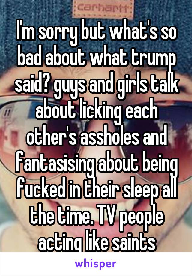I'm sorry but what's so bad about what trump said? guys and girls talk about licking each other's assholes and fantasising about being fucked in their sleep all the time. TV people acting like saints