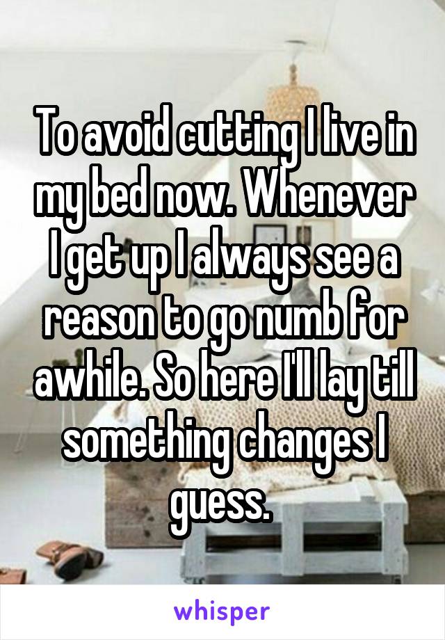 To avoid cutting I live in my bed now. Whenever I get up I always see a reason to go numb for awhile. So here I'll lay till something changes I guess. 