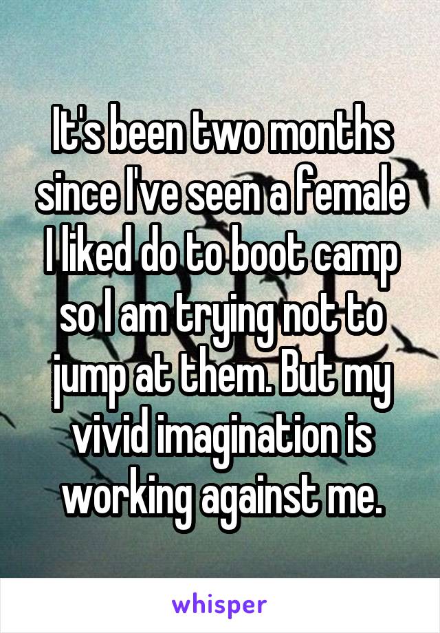 It's been two months since I've seen a female I liked do to boot camp so I am trying not to jump at them. But my vivid imagination is working against me.