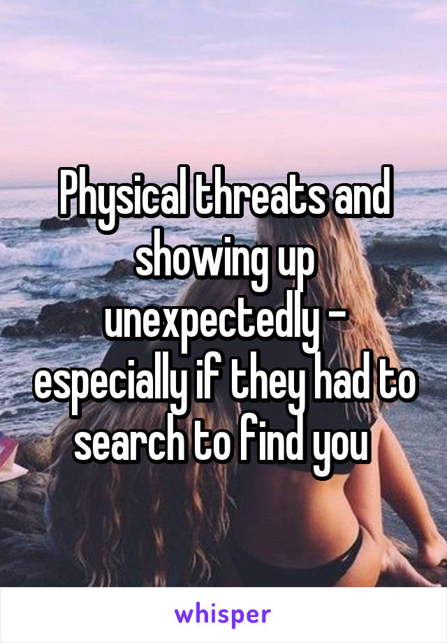 Physical threats and showing up unexpectedly - especially if they had to search to find you 
