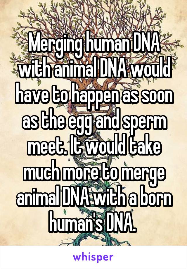 Merging human DNA with animal DNA would have to happen as soon as the egg and sperm meet. It would take much more to merge animal DNA with a born human's DNA. 