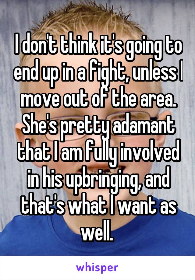 I don't think it's going to end up in a fight, unless I move out of the area. She's pretty adamant that I am fully involved in his upbringing, and that's what I want as well. 