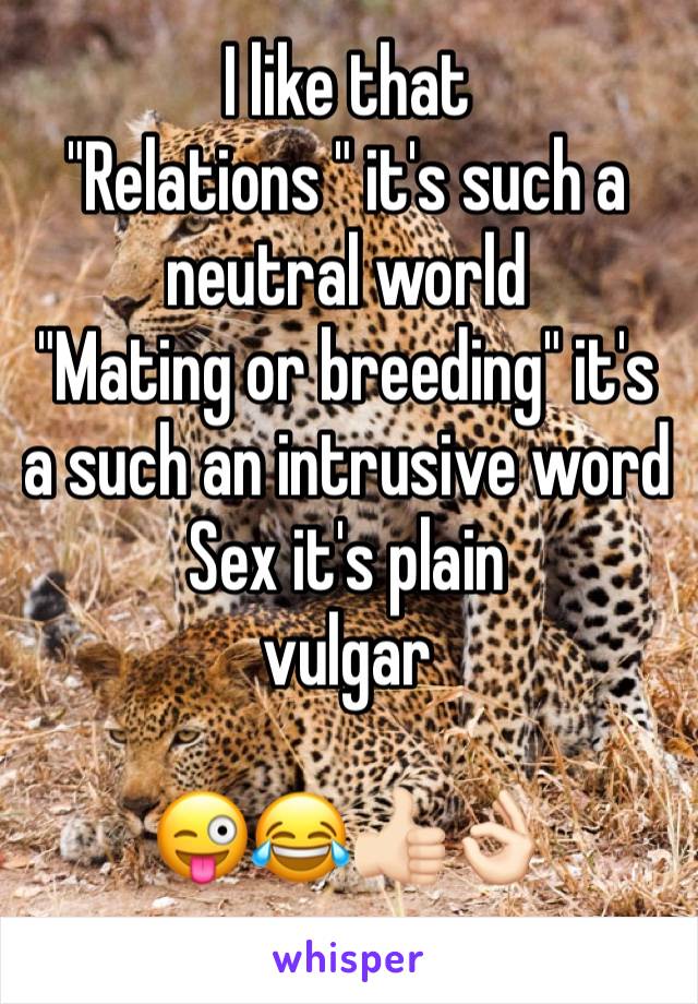 I like that 
"Relations " it's such a neutral world 
"Mating or breeding" it's a such an intrusive word
Sex it's plain 
vulgar 

😜😂👍🏻👌🏻