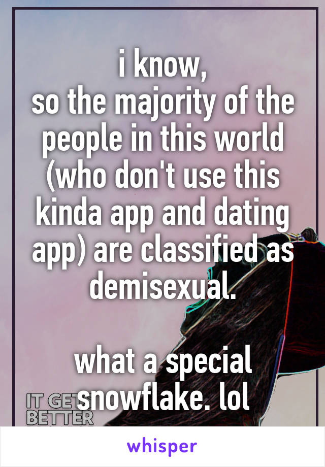 i know,
so the majority of the people in this world (who don't use this kinda app and dating app) are classified as demisexual.

what a special snowflake. lol