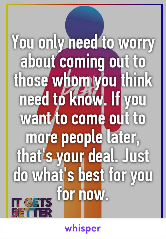 You only need to worry about coming out to those whom you think need to know. If you want to come out to more people later, that's your deal. Just do what's best for you for now.