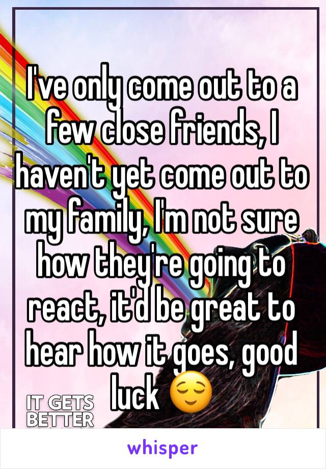I've only come out to a few close friends, I haven't yet come out to my family, I'm not sure how they're going to react, it'd be great to hear how it goes, good luck 😌