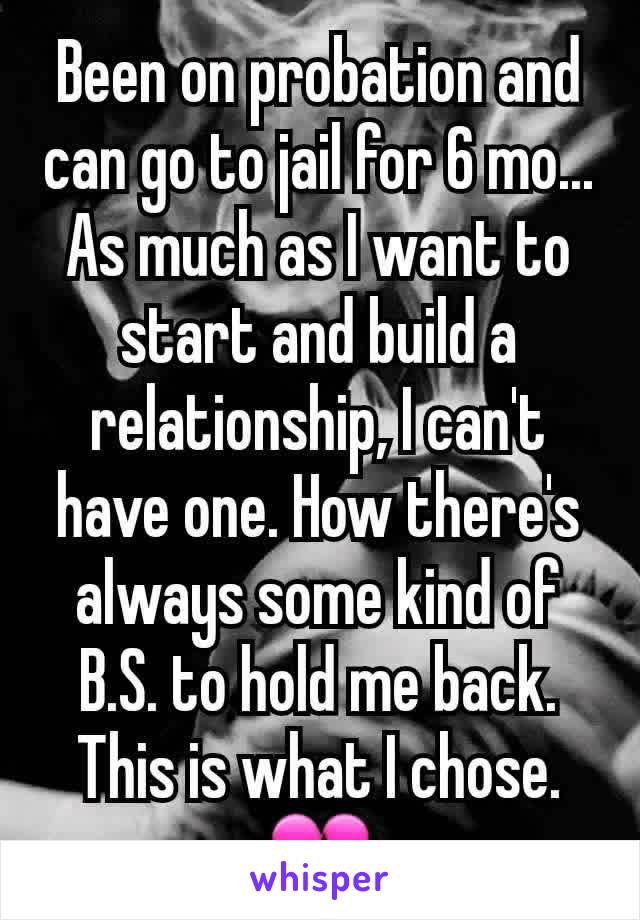 Been on probation and can go to jail for 6 mo... As much as I want to start and build a relationship, I can't have one. How there's always some kind of B.S. to hold me back. This is what I chose.
💔