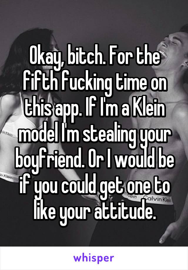 Okay, bitch. For the fifth fucking time on this app. If I'm a Klein model I'm stealing your boyfriend. Or I would be if you could get one to like your attitude.