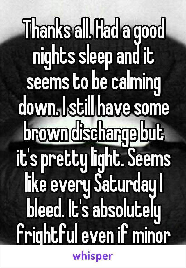 Thanks all. Had a good nights sleep and it seems to be calming down. I still have some brown discharge but it's pretty light. Seems like every Saturday I bleed. It's absolutely frightful even if minor