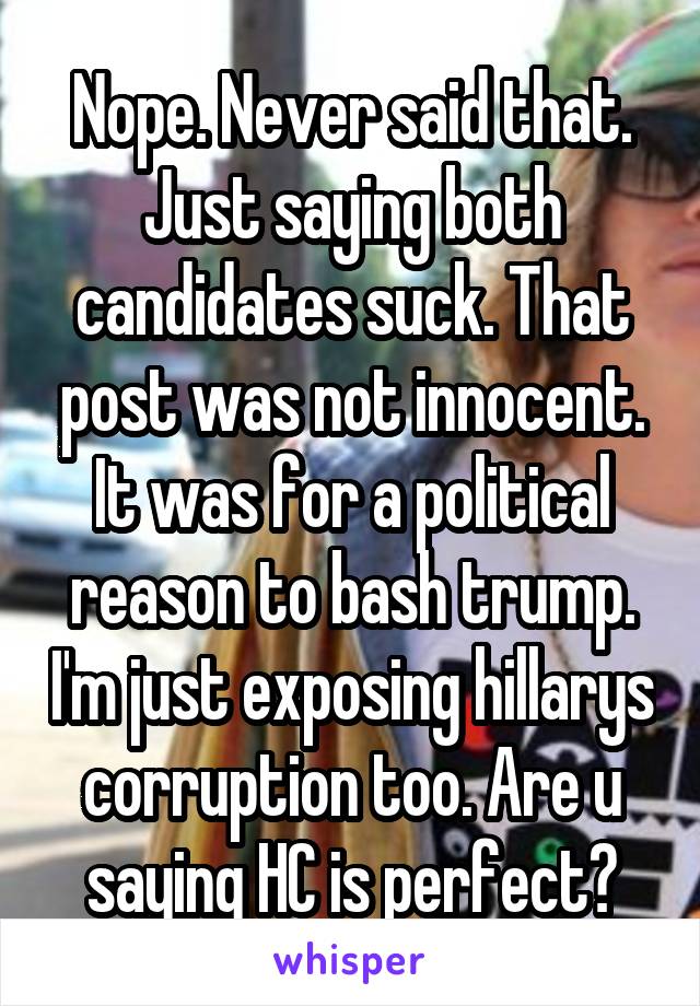 Nope. Never said that. Just saying both candidates suck. That post was not innocent. It was for a political reason to bash trump. I'm just exposing hillarys corruption too. Are u saying HC is perfect?