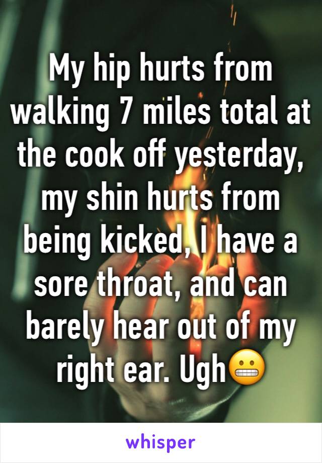 My hip hurts from walking 7 miles total at the cook off yesterday, my shin hurts from being kicked, I have a sore throat, and can barely hear out of my right ear. Ugh😬
