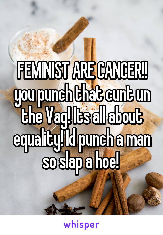 FEMINIST ARE CANCER!! you punch that cunt un the Vag! Its all about equality! Id punch a man so slap a hoe! 