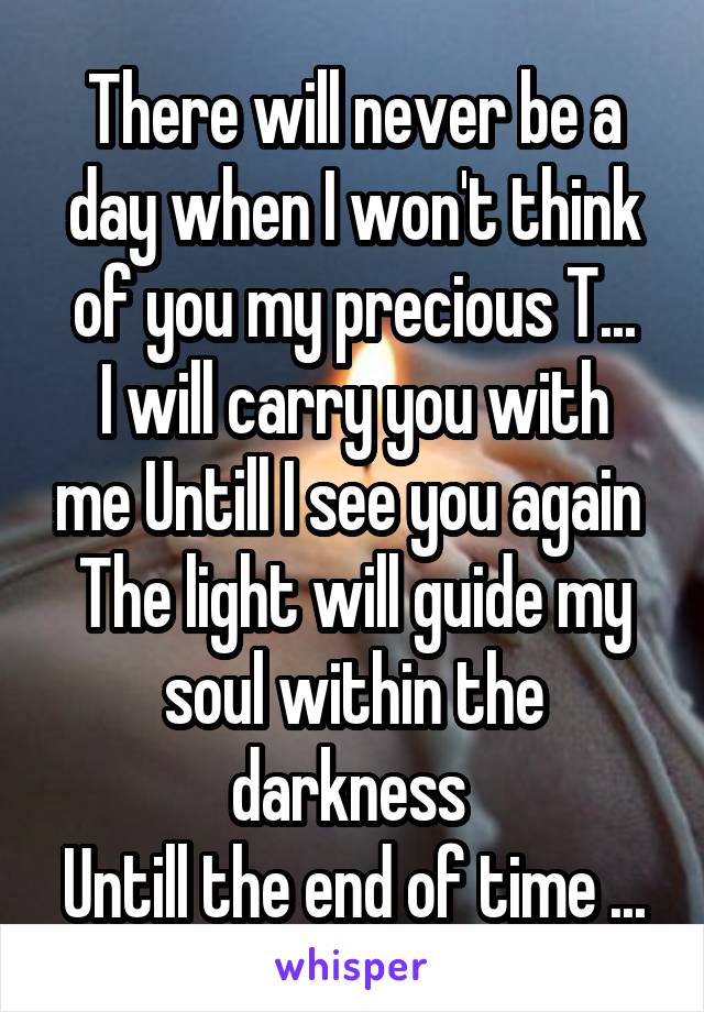 There will never be a day when I won't think of you my precious T...
I will carry you with me Untill I see you again 
The light will guide my soul within the darkness 
Untill the end of time ...
