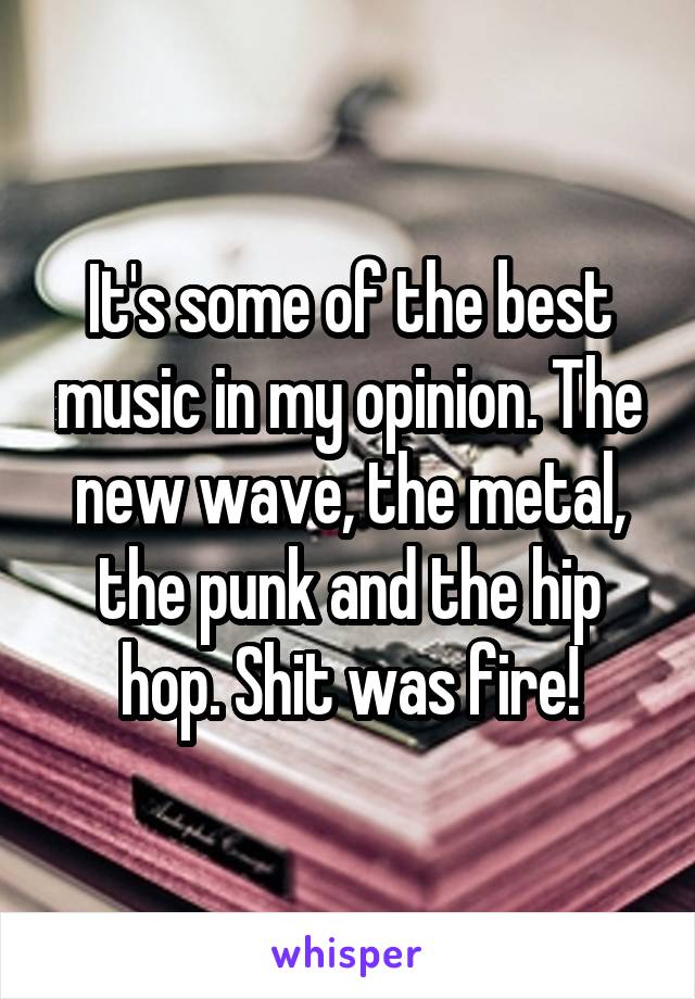 It's some of the best music in my opinion. The new wave, the metal, the punk and the hip hop. Shit was fire!