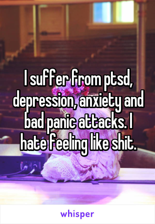 I suffer from ptsd, depression, anxiety and bad panic attacks. I hate feeling like shit.