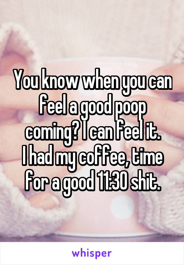 You know when you can feel a good poop coming? I can feel it.
I had my coffee, time for a good 11:30 shit.