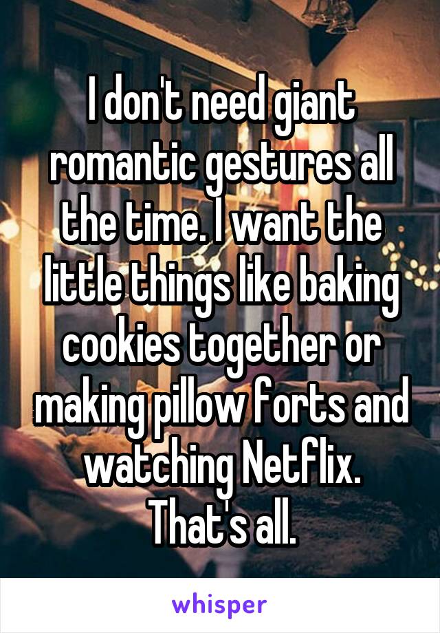 I don't need giant romantic gestures all the time. I want the little things like baking cookies together or making pillow forts and watching Netflix. That's all.