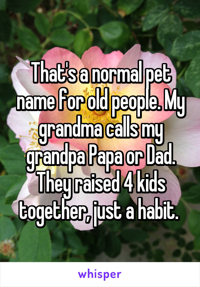 That's a normal pet name for old people. My grandma calls my grandpa Papa or Dad. They raised 4 kids together, just a habit. 