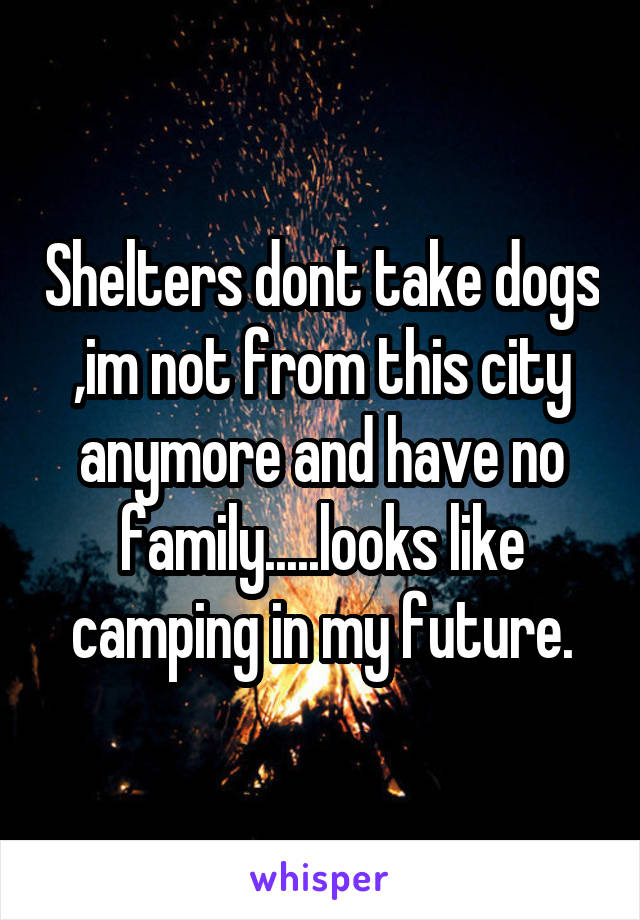 Shelters dont take dogs ,im not from this city anymore and have no family.....looks like camping in my future.