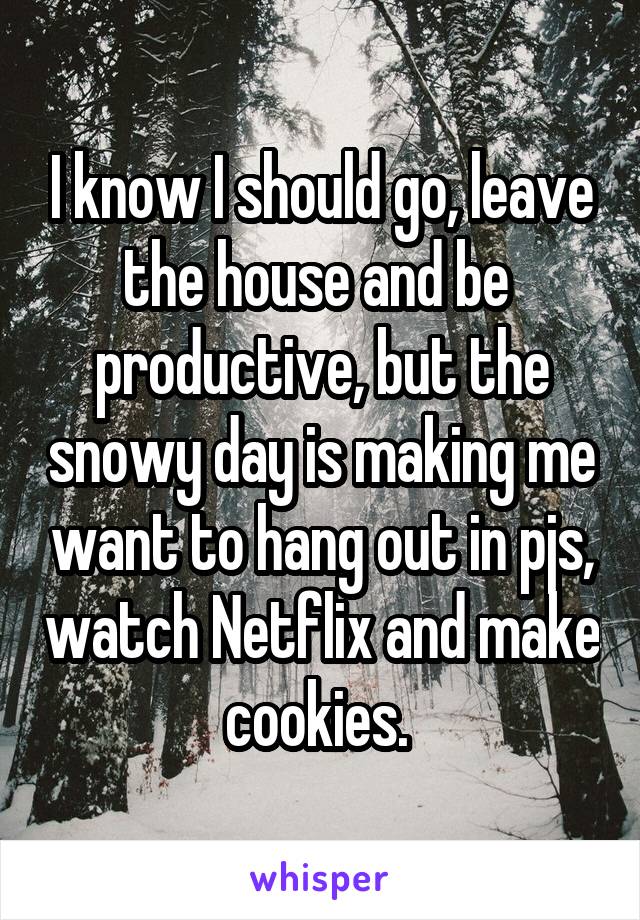 I know I should go, leave the house and be  productive, but the snowy day is making me want to hang out in pjs, watch Netflix and make cookies. 