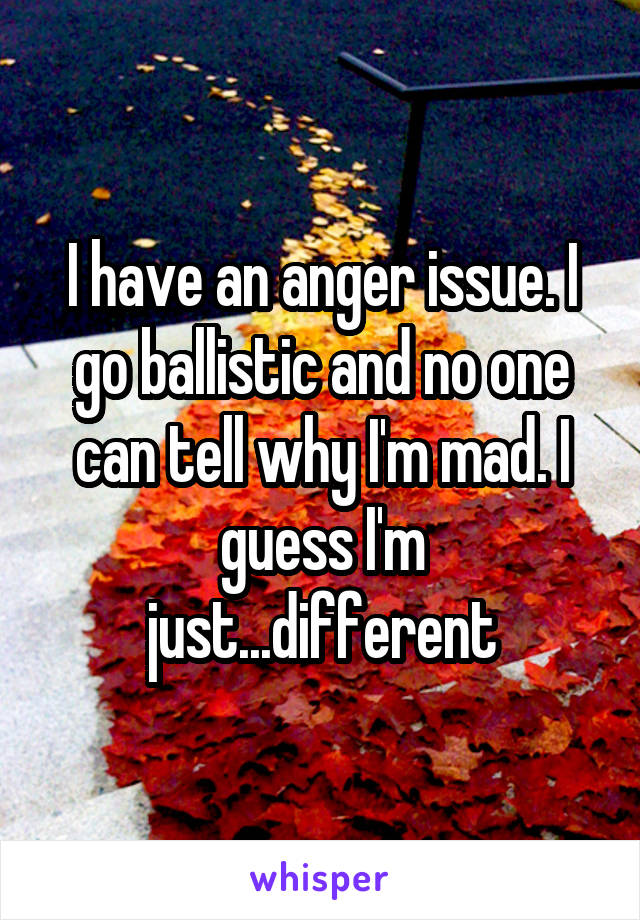 I have an anger issue. I go ballistic and no one can tell why I'm mad. I guess I'm just...different