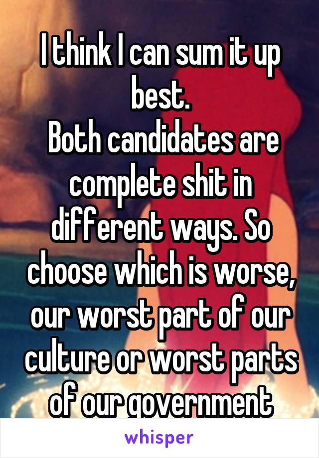 I think I can sum it up best.
 Both candidates are complete shit in different ways. So choose which is worse, our worst part of our culture or worst parts of our government