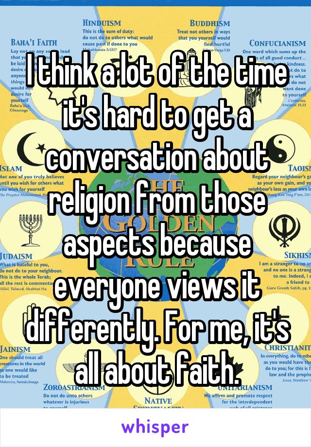 I think a lot of the time it's hard to get a conversation about religion from those aspects because everyone views it differently. For me, it's all about faith.