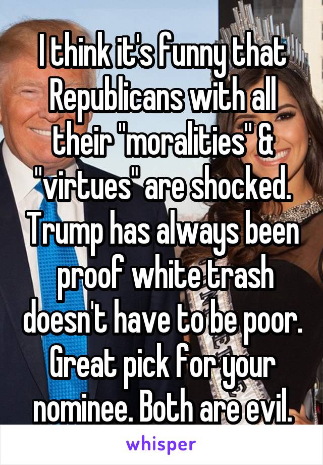 I think it's funny that Republicans with all their "moralities" & "virtues" are shocked. Trump has always been
 proof white trash doesn't have to be poor. Great pick for your nominee. Both are evil.