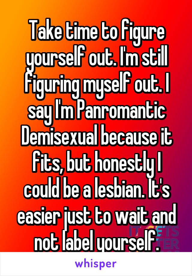 Take time to figure yourself out. I'm still figuring myself out. I say I'm Panromantic Demisexual because it fits, but honestly I could be a lesbian. It's easier just to wait and not label yourself.