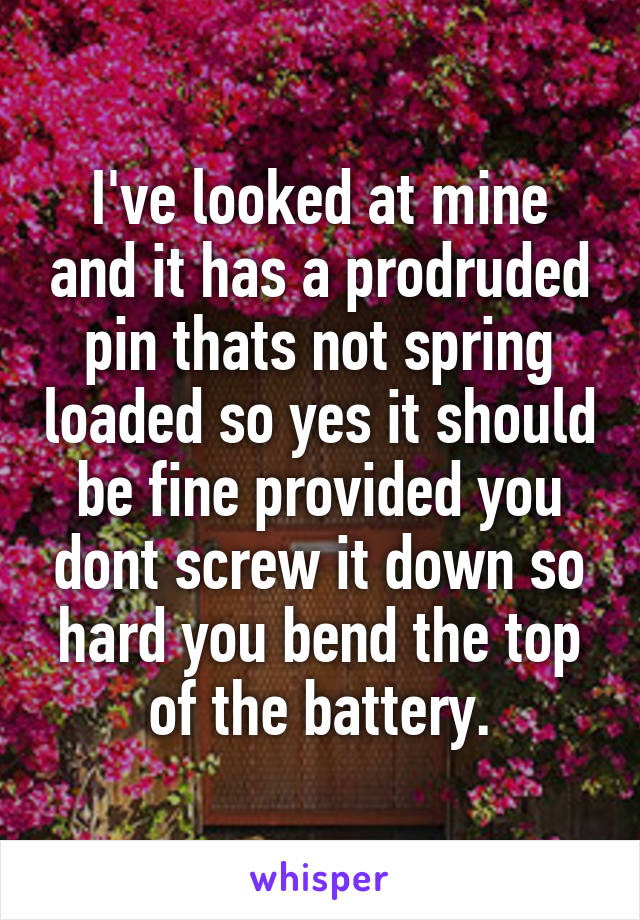 I've looked at mine and it has a prodruded pin thats not spring loaded so yes it should be fine provided you dont screw it down so hard you bend the top of the battery.