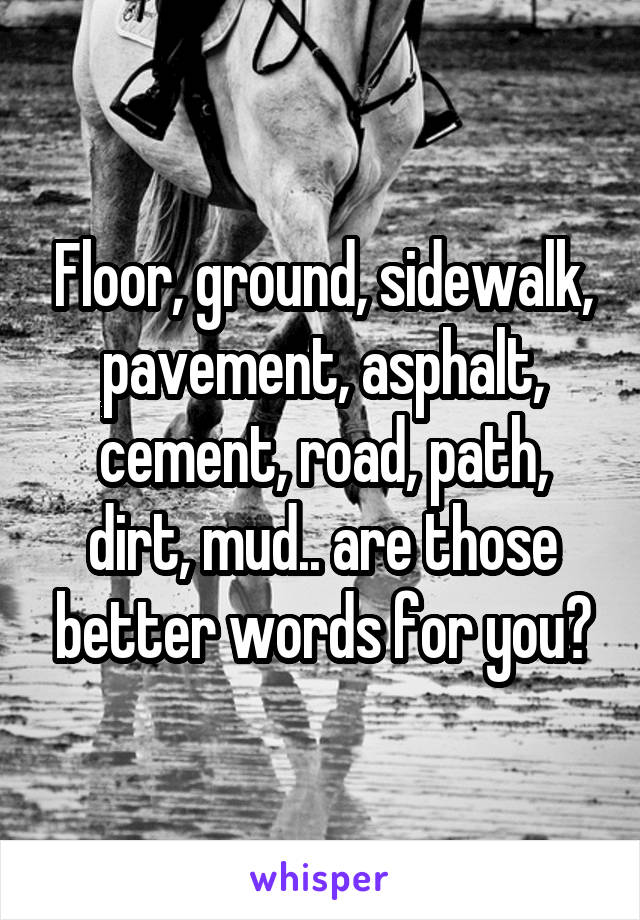 Floor, ground, sidewalk, pavement, asphalt, cement, road, path, dirt, mud.. are those better words for you?