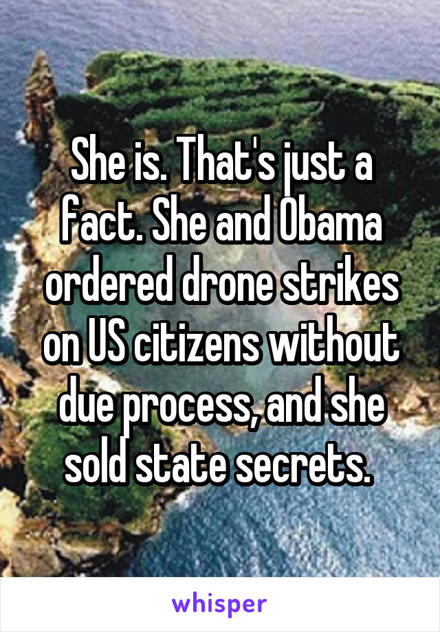 She is. That's just a fact. She and Obama ordered drone strikes on US citizens without due process, and she sold state secrets. 