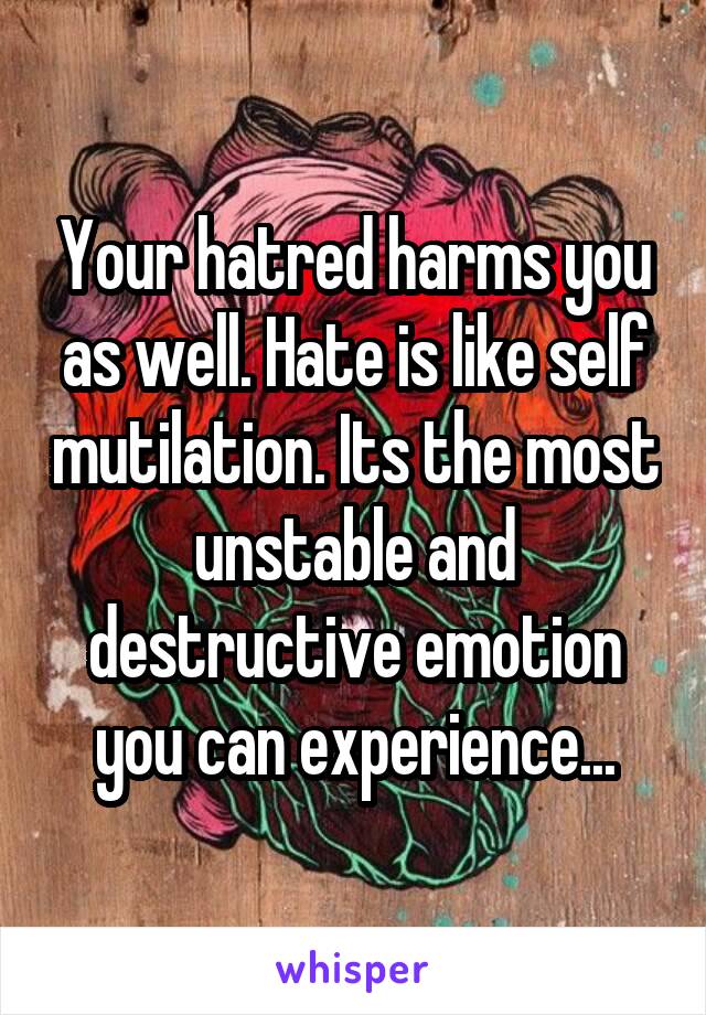 Your hatred harms you as well. Hate is like self mutilation. Its the most unstable and destructive emotion you can experience...
