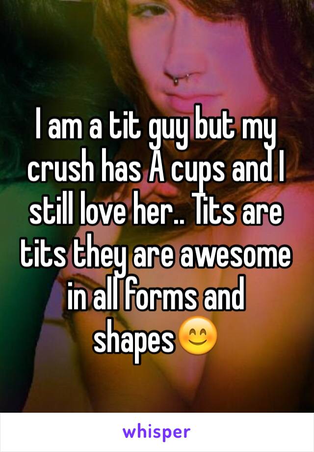 I am a tit guy but my crush has A cups and I still love her.. Tits are tits they are awesome in all forms and shapes😊