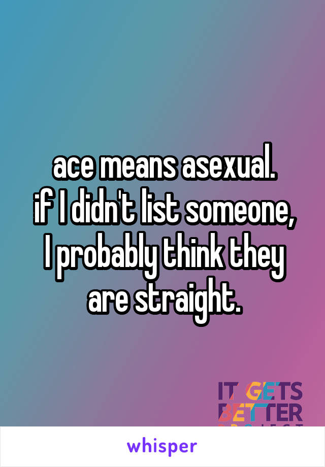 ace means asexual.
if I didn't list someone, I probably think they are straight.