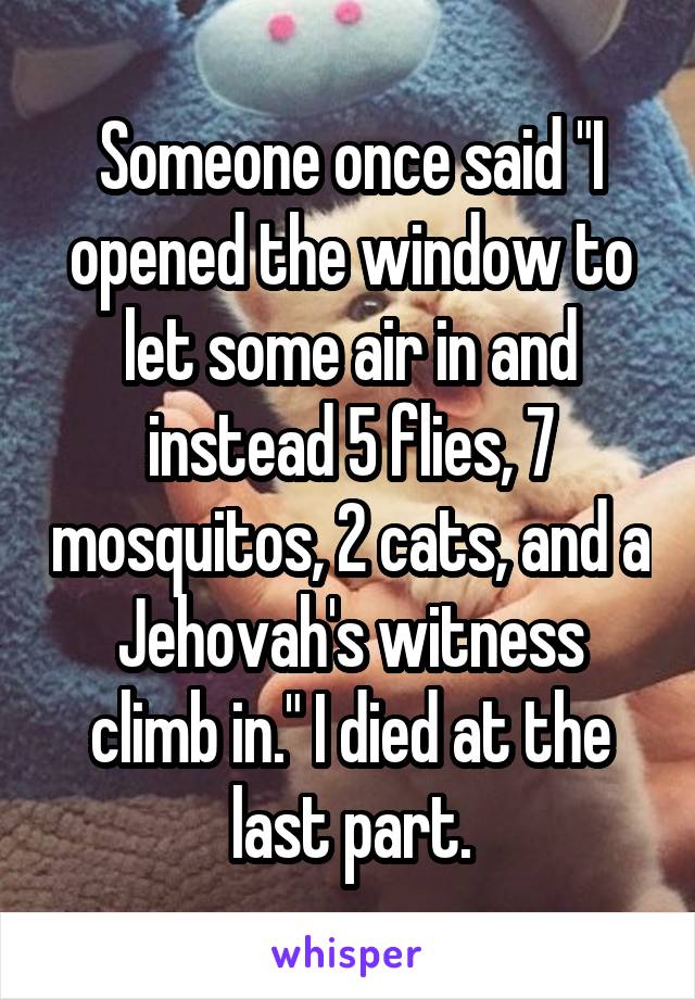 Someone once said "I opened the window to let some air in and instead 5 flies, 7 mosquitos, 2 cats, and a Jehovah's witness climb in." I died at the last part.