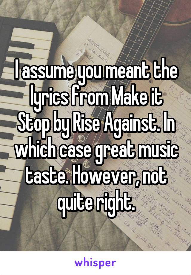 I assume you meant the lyrics from Make it Stop by Rise Against. In which case great music taste. However, not quite right.