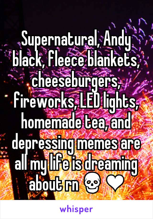 Supernatural, Andy black, fleece blankets, cheeseburgers, fireworks, LED lights, homemade tea, and depressing memes are all my life is dreaming about rn💀❤