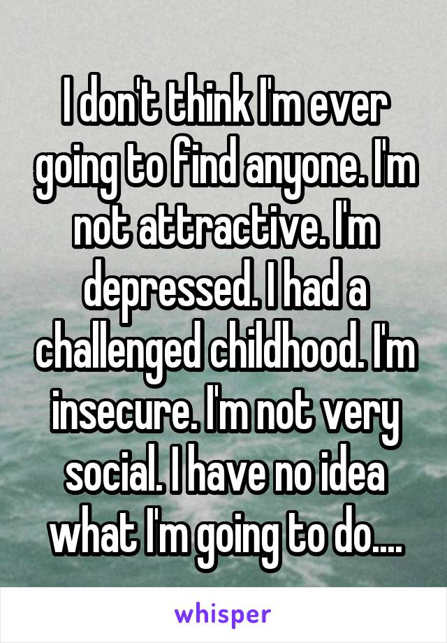 I don't think I'm ever going to find anyone. I'm not attractive. I'm depressed. I had a challenged childhood. I'm insecure. I'm not very social. I have no idea what I'm going to do....